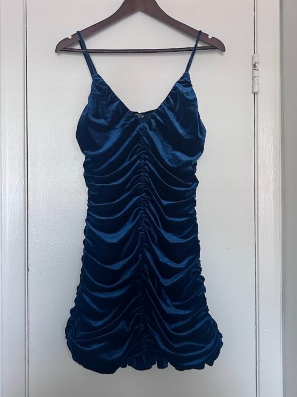 Lulus Stunning Celebration Teal Blue Velvet Ruched Bodycon Mini Dress Size Large